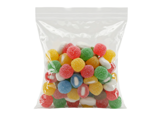 Colorful jelly cubes in clear plastic bag isolated on transparent background