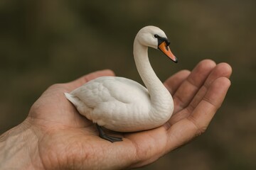 open hand  and there is white swan on it,
animal concept of love for all animals, protection of animals and spirituality and friendship of animals