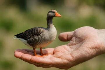 open hand  and there is wild goose on it, 
animal concept of love for all animals, protection of animals and spirituality and friendship of animals
