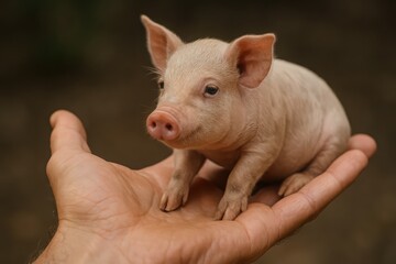 open hand  and there is animal pig on it, 
animal concept of love for all animals, protection of animals and spirituality and friendship of animals