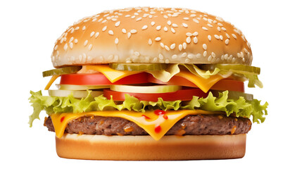 Cheeseburger, Beef Burger, Classic Hamburger, Fast Food Burger, Juicy Beef Burger with Lettuce, Tomato, and Cheese, Tasty Fast Food Cheeseburger on White Background, Perfectly Stacked Hamburger 