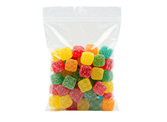 Colorful jelly cubes in clear plastic bag isolated on transparent background