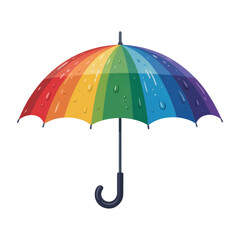 A colorful umbrella with rainbow stripes and water droplets on a black isolated background image view