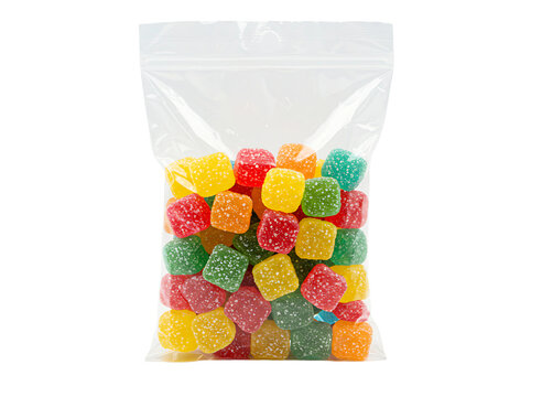 Colorful jelly cubes in clear plastic bag isolated on transparent background