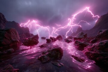 Naklejka premium Dramatic lightning strikes illuminate rocky shoreline during stormy evening