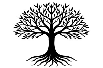 Black and white silhouette of a tree with roots