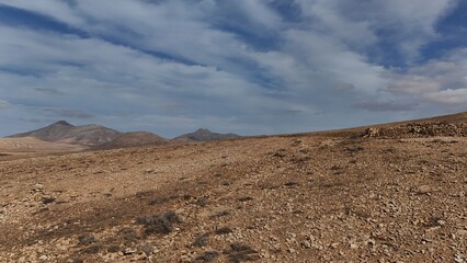 Desert landscape with dry vegetation, mountains in the background, and a wide sky
