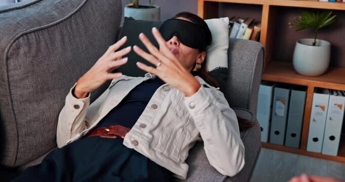 Consultation, therapist and woman with blindfold, talk and story for recovery support and mental health. Counselor, psychologist and patient in sensory depravation for trauma, depression or crisis