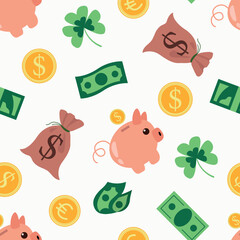 Seamless Pattern with Money and Piggy Banks. Design for teakanis, textiles, wallpapers, packaging	
