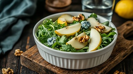 Arugula salad with pear, walnuts, and blue cheese