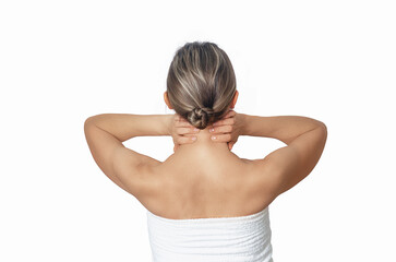 Woman holding her neck with both hands. Naked shoulders of woman from behind. Neck pain concept. Isolated on white.