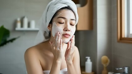 Asian woman applies face mask skincare treatment in bathroom for beauty routine wellness