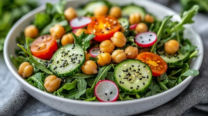 Vibrant chickpea salad with cucumber, tomatoes, and radish