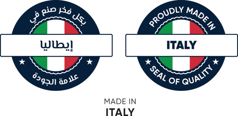 Made in Italy. Premium labels English and Arabic, stickers, pointer, badge and symbol of Italy flag icon. Collection vector illustration