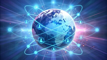 Fototapeta premium Radiant Digital Globe with Ethereal Connectivity Icons in Vibrant Futuristic Tech Environment 