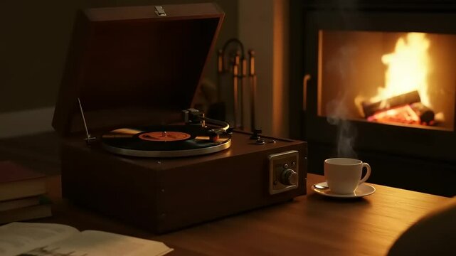 Cozy living room scene featuring a vintage record player, steaming cup, and glowing fireplace