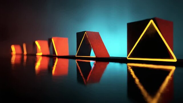 Neon yellow illuminated triangular structures reflecting on water