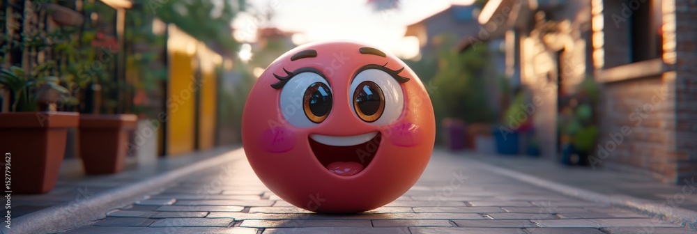 Poster cheerful emoticon character in a whimsical setting creating a playful visual narrative