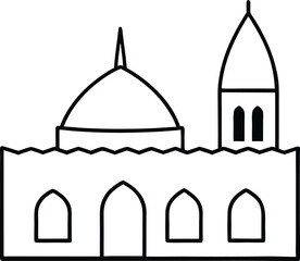 African Style Mosque with Earthen Architecture vector line art illustration