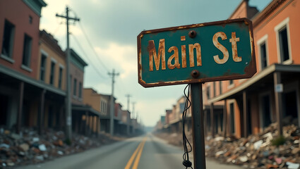 Deserted Town Main Street Sign Rusty and Decaying Buildings Under a Cloudy Sky