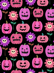 halloween seamless pattern with pink pumpkins and spooky flowers on black background, cute scary jack o lantern faces and skull blooms, festive cartoon vector
