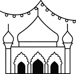 Festival Mosque with Fairy Lights and Community vector line art illustration