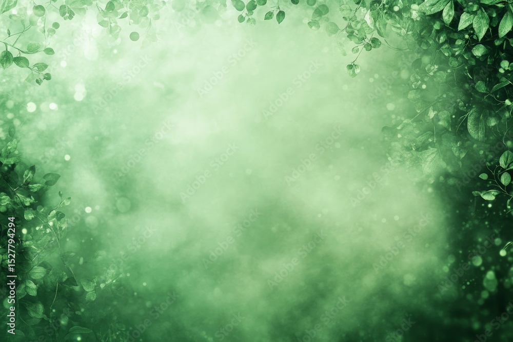 Poster gentle green background with soft bokeh and leafy border for calming and serene design projects