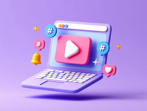 Laptop Screen Showing Play Button with Social Media Icons