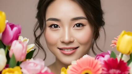 Asian Woman's Radiant Smile Surrounded by Blooming Flowers: Beauty and Floral Portrait - Powered by Adobe