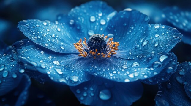 Vibrant blue flower, dew drops