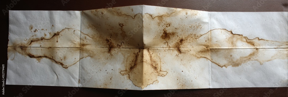 Poster folded bracket printout stained with coffee, showcasing unique patterns and textures on a wooden sur