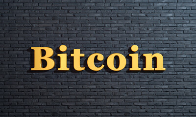 Bitcoin, crypto currency, golden letters against a brickwall. Blockchain, big data, digital currency,  investment. 3D illustration