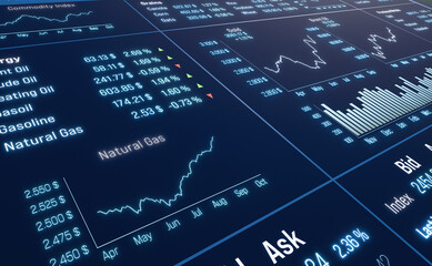 Natural gas chart moving up, commodity trading. Chart, market data, business, investment, risk. 3D illustration