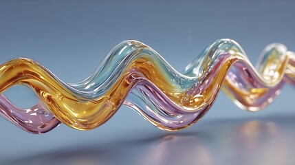 Abstract 3D glass-like ribbon with vibrant multicolor waves suspended against a smooth blue background, ideal for modern design themes..