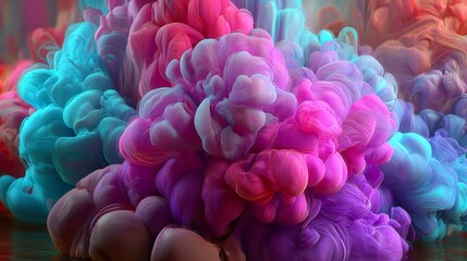 Fototapeta premium Vibrant 3D ink cloud in swirling blue, pink, purple, and red hues. Ethereal, dynamic texture with a dreamy, artistic feel, ideal for digital art and creative backgrounds.