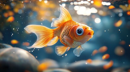 A curious goldfish swims in an aquarium