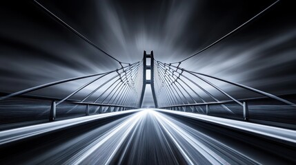A modern cable-stayed bridge at night, with light trails from vehicles