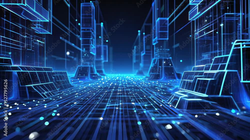 Poster Futuristic digital cityscape with glowing blue grid buildings and streaming light trails creating an immersive data flow environment