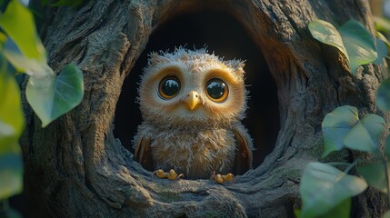 Cute owl chick in a tree hollow