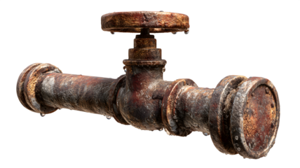 Detailed close up of an old rusted industrial pipe valve with water droplets and isolated on white transparent background