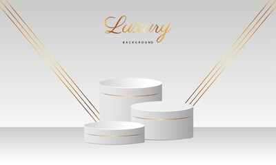 Luxury white background with three white podiums, ideal for showcasing products.