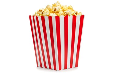 Popcorn in red and white striped box isolated on white background
