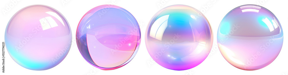 Poster png colorful iridescent soap bubbles floating, element set on transparent background