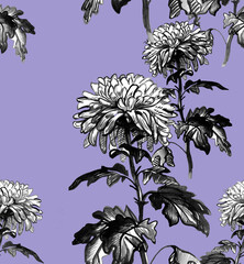 Floral seamless pattern with flying silhouettes of flowers chrysanthemum isolated flowers and leaves on violet background. Raster floral rapport for wallpaper, bedding, textile, fabric, package.