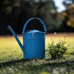 Blue watering can in a grassy field