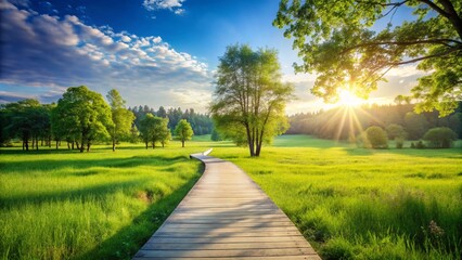 Obraz premium A serene summer landscape features a winding path through a park, bordered by green trees under a clear sky