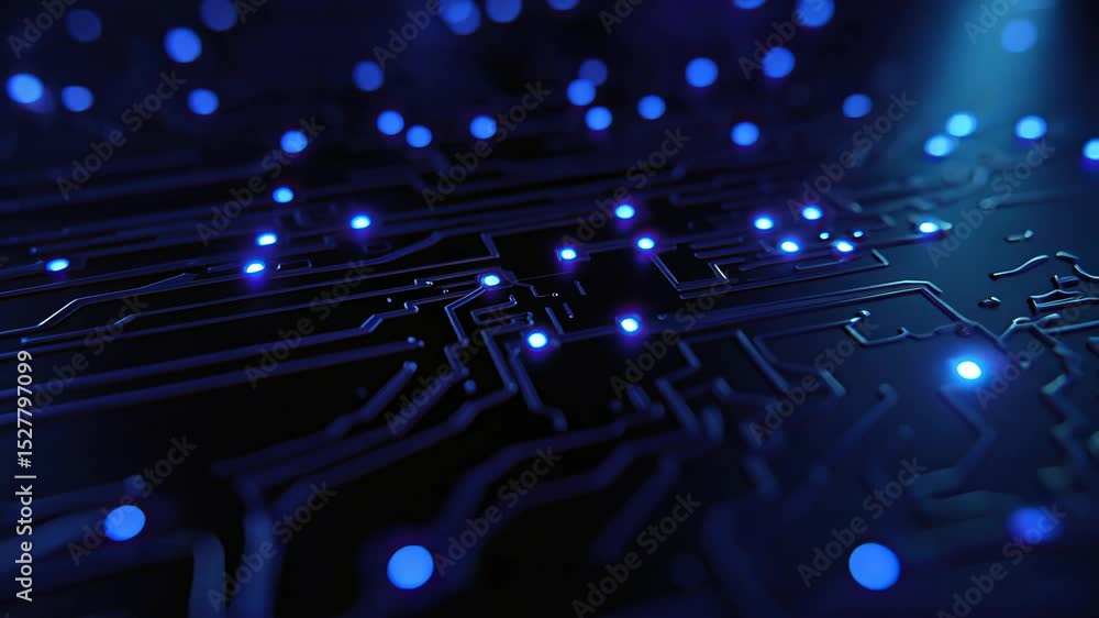 Poster close-up of a blue glowing circuit board with flowing light points, slow camera movement creating a 