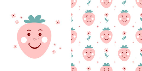 Seamless baby pattern with strawberries on a white background