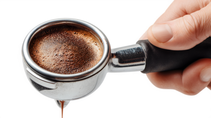 A hand holds espresso portafilter with freshly brewed coffee pouring out isolated on white transparent background