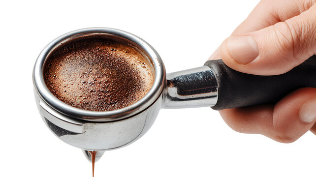 A hand holds espresso portafilter with freshly brewed coffee pouring out isolated on white transparent background